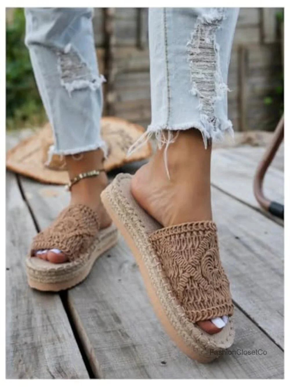 Bohemian Braided Crochet Platform Wedge Sandals Slide Beach Shoes